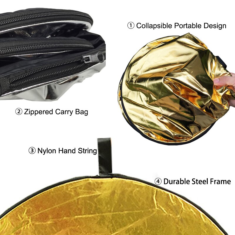 60cm Collapsible Reflector Portable Round Eye Light Gold Silver Diffuser for Outdoor Studio Photo Vlog Soft Photography Lighting