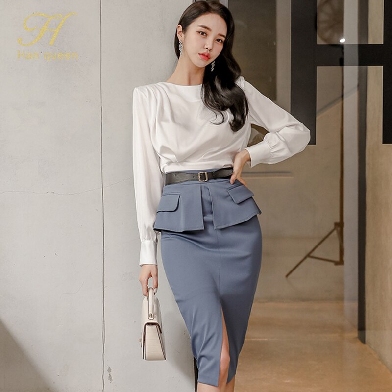 H han dronning 2 deler sett kvinners folder kontur topp og høy midje delt slire blyant skjørt koreansk elegant kontor dame skjørt dress