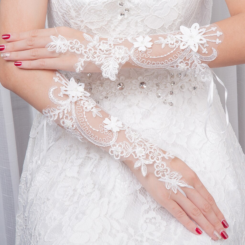 Beauty Bridal White Fingerless Wedding Gloves Lace Pearls Eblow Length Glove Party Ornament Accessory