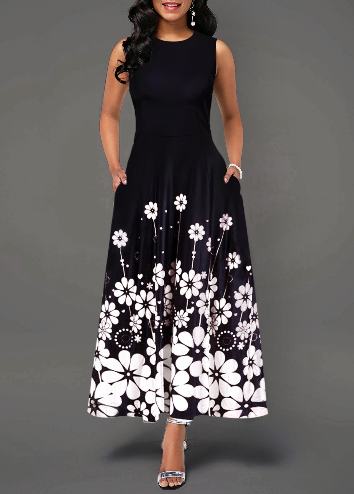 Dames boho bloemen lange vintage maxi-jurk avondfeest strand tuniek mouwloze jurk zomer: Zwart / M