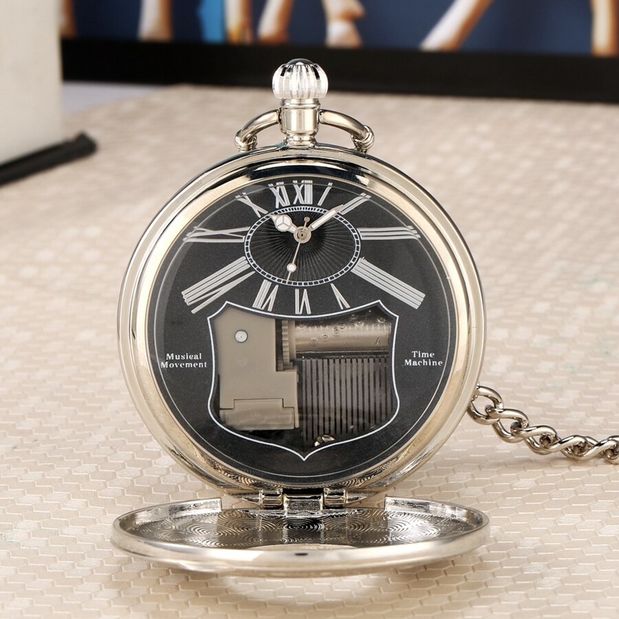 Reloj de bolsillo con movimiento Musical de plata de lujo, pulsera de mano de cuarzo con manivela para reproducir música, Fob, cadena colgante, de Año