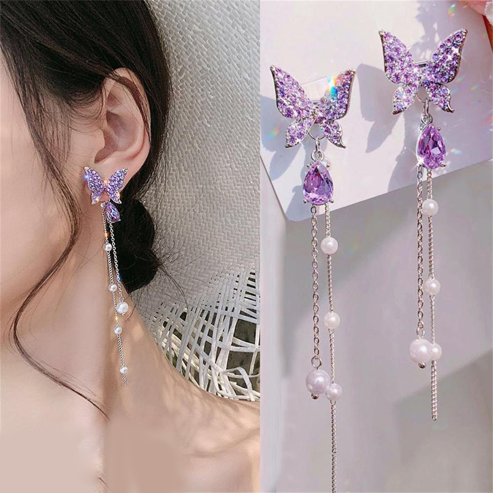 Kristallen Vlinder Oor Manchet Niet Doorboord Insect Dangle Stud Mode-sieraden Helix Kraakbeen Valse Piercing Lange Keten Kwastje Oorb: New purple