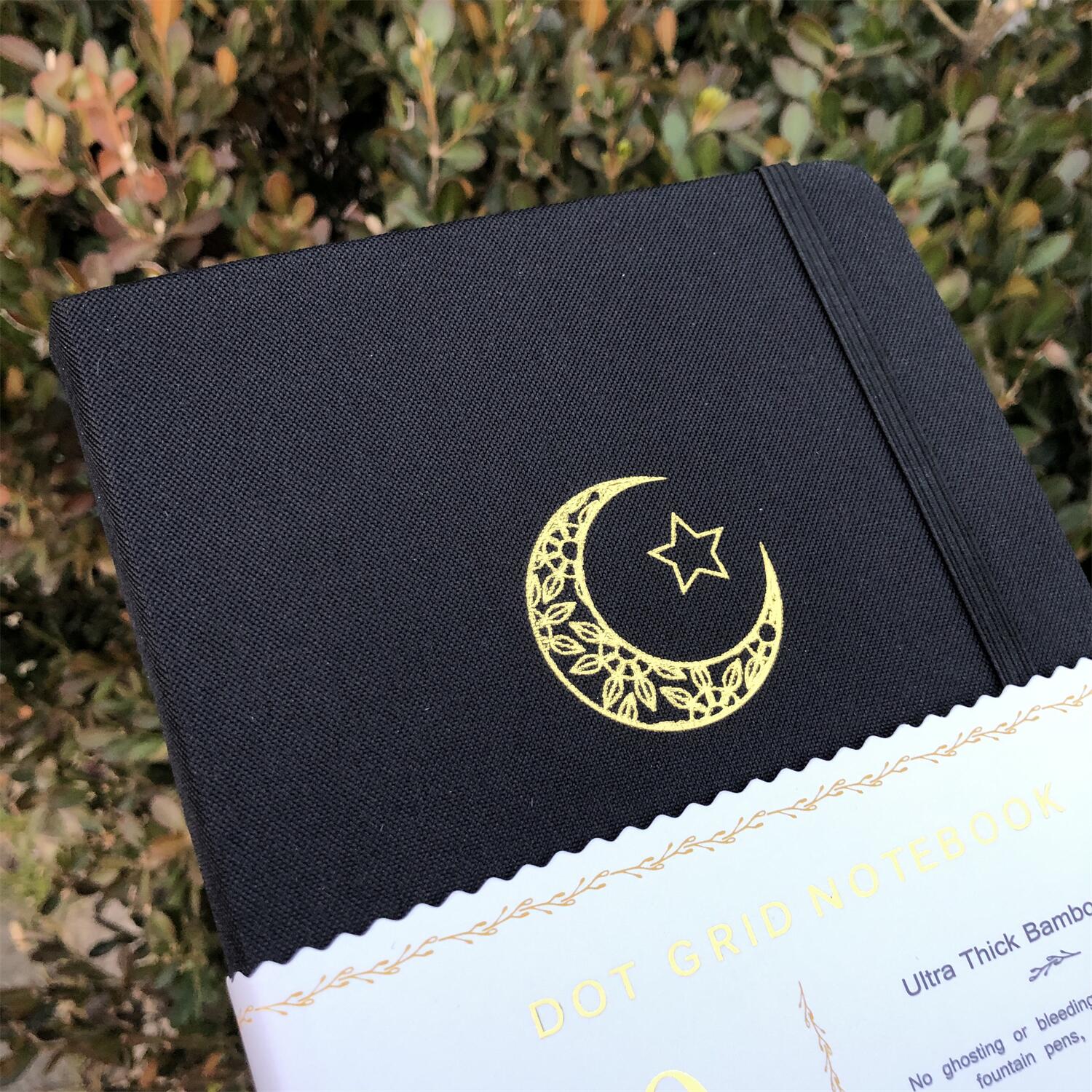 Zwarte Maan A5 Gestippelde Notebook Dot Grid Journal 180gsm Papier Vegan Stof Hardcover