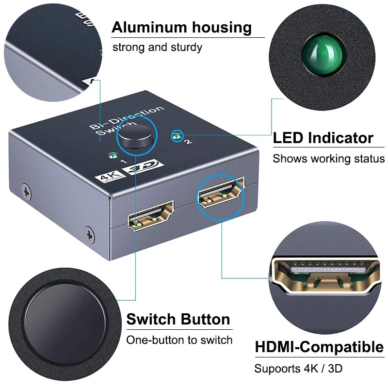 4K HD 60Hz bidirectionele switcher HDMI-compatibele switcher 2 in 1 uit 1 X 2 distributie voor pc-laptopprojector ﻿