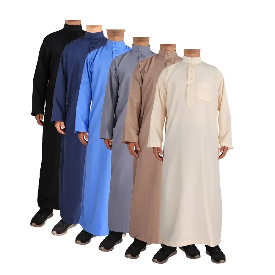 2025 Mannen Moslim Mode Lange Mouw Abaya Saudi Arabische Effen Kleur Losse Kaftan Bescheiden Gewaad Mannen Musulman Kostuums Jubba Thobe