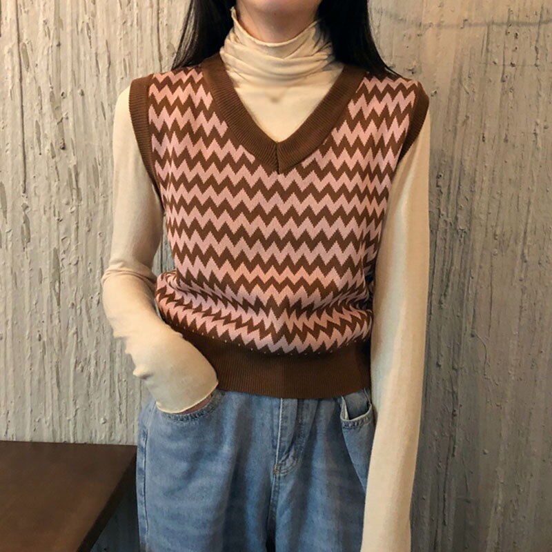 Korean Loose Knitted Sweater Vest Women Retro V-neck Sleeveless Sweater Vests Bottoming Tops