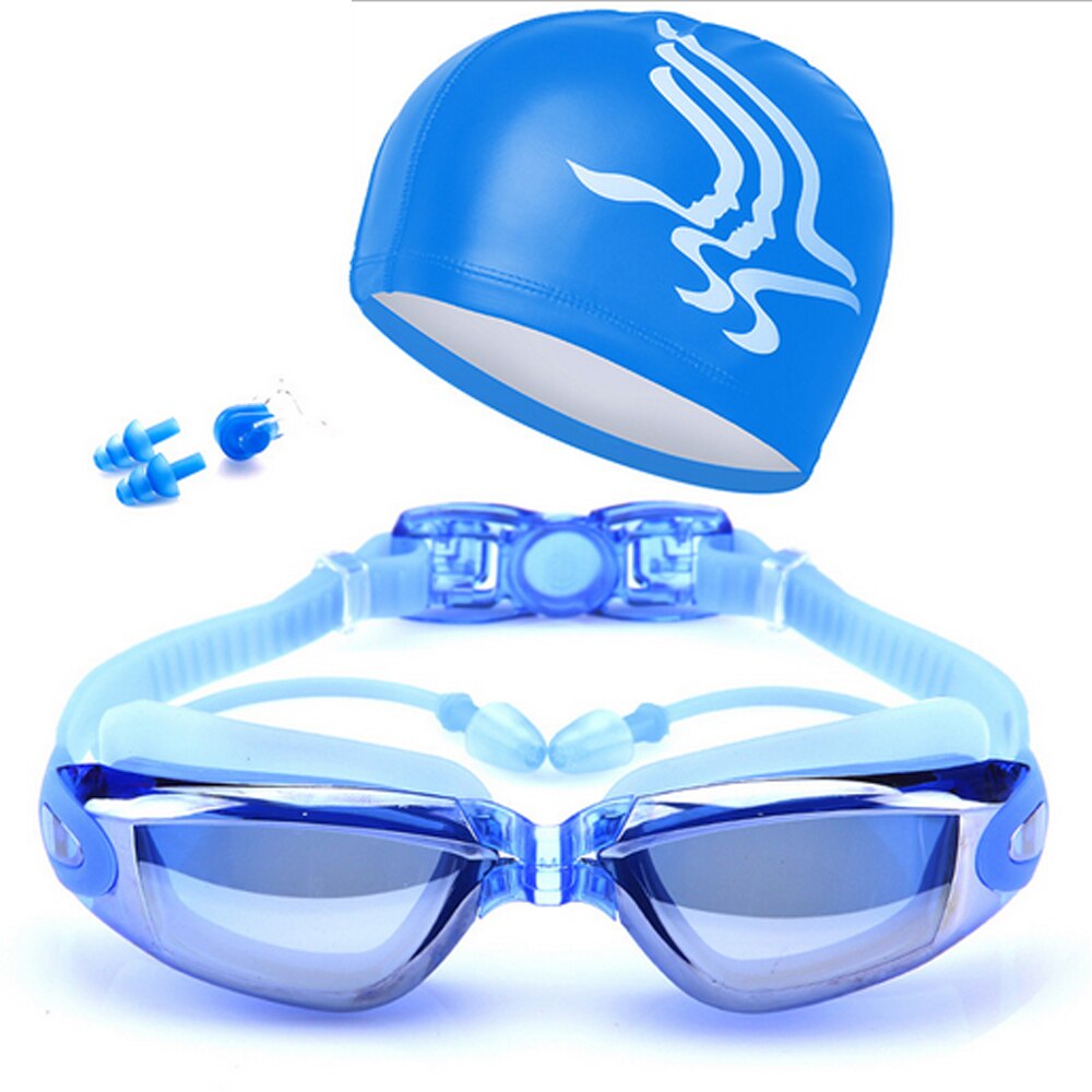 Swimming goggles HD Anti-Fog 100% UV adjustable glasses belt swim goggle adult Waterproof prescription glasses: Plating blue