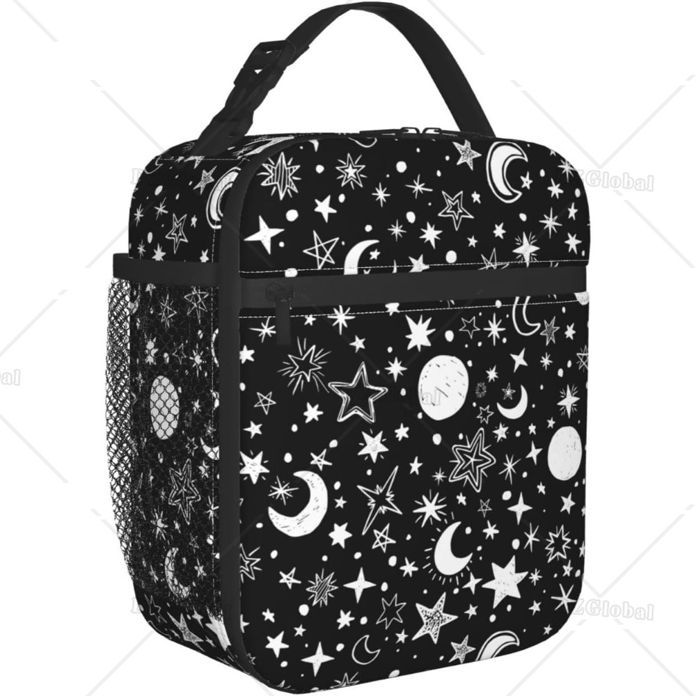Black and White Moon Star Reusable Insulated Lunch Bags for Teens Boys Girls Men Women Thermal Lunch Box Cooler Bento Tote Bag