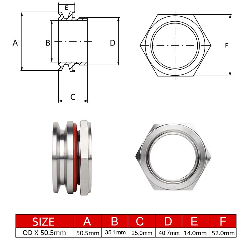 Bulkhead Compression Fitting,1.5'' Weldless Kettle Bulkhead,1/2" NPT Heavy Duty Weldless Bulkhead With Silicone O-Ring 304 SS