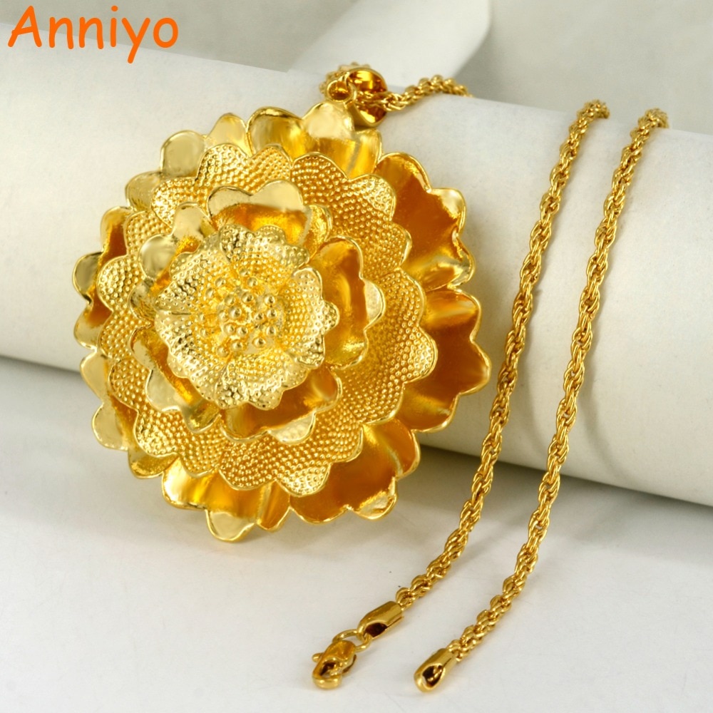 Anniyo, colgante grande de flor y collares para mujer, Color dorado y cobre, Bonitos de Joyería Árabe de África #005007