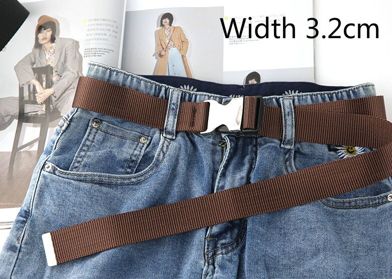 Cinturón largo con hebilla de lona de plástico para mujer, cinturón negro, rojo y blanco, correa para cintura femenina, pantalones vaqueros para niña: Coffee Width 3.2cm
