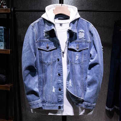 männer Neue Dünne Streetwear Abnehmbare kapuze Denim Jacken Hüfte hüpfen männlich Einfache Feste Beiläufige Jeans Jacke Mantel Plus Größe 5XL: 9011 Blau / M