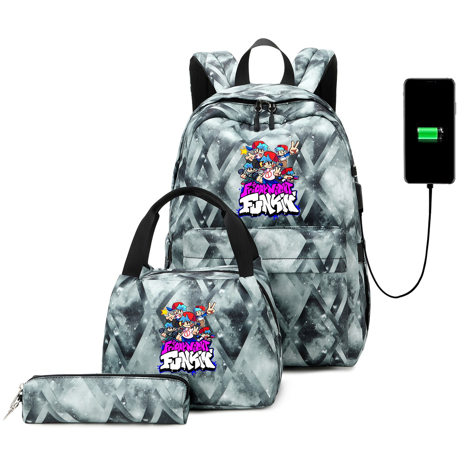 Funkin-mochilas escolares para adolescentes, niños y niñas, juego de Mochila de viaje con carga USB, bolsa de libros para estudiantes, Juego de 3 unids/set: 017