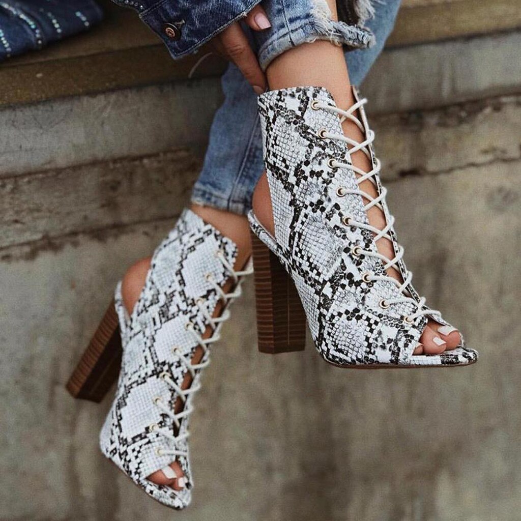Summer Women's Sandals Snakeskin Strap High Heels Peep Toe Shoes Shallow Mature sandalias Ladies Boots Casual Shoes