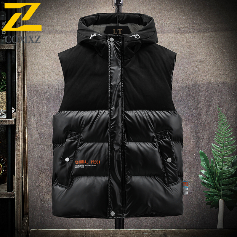 Autumn Winter Men Hooded Cotton Vest Korean Style Trend Thickened Sleeveless Coat Waterproof Windproof Suitable Camping Fishing: 4XL / Blue