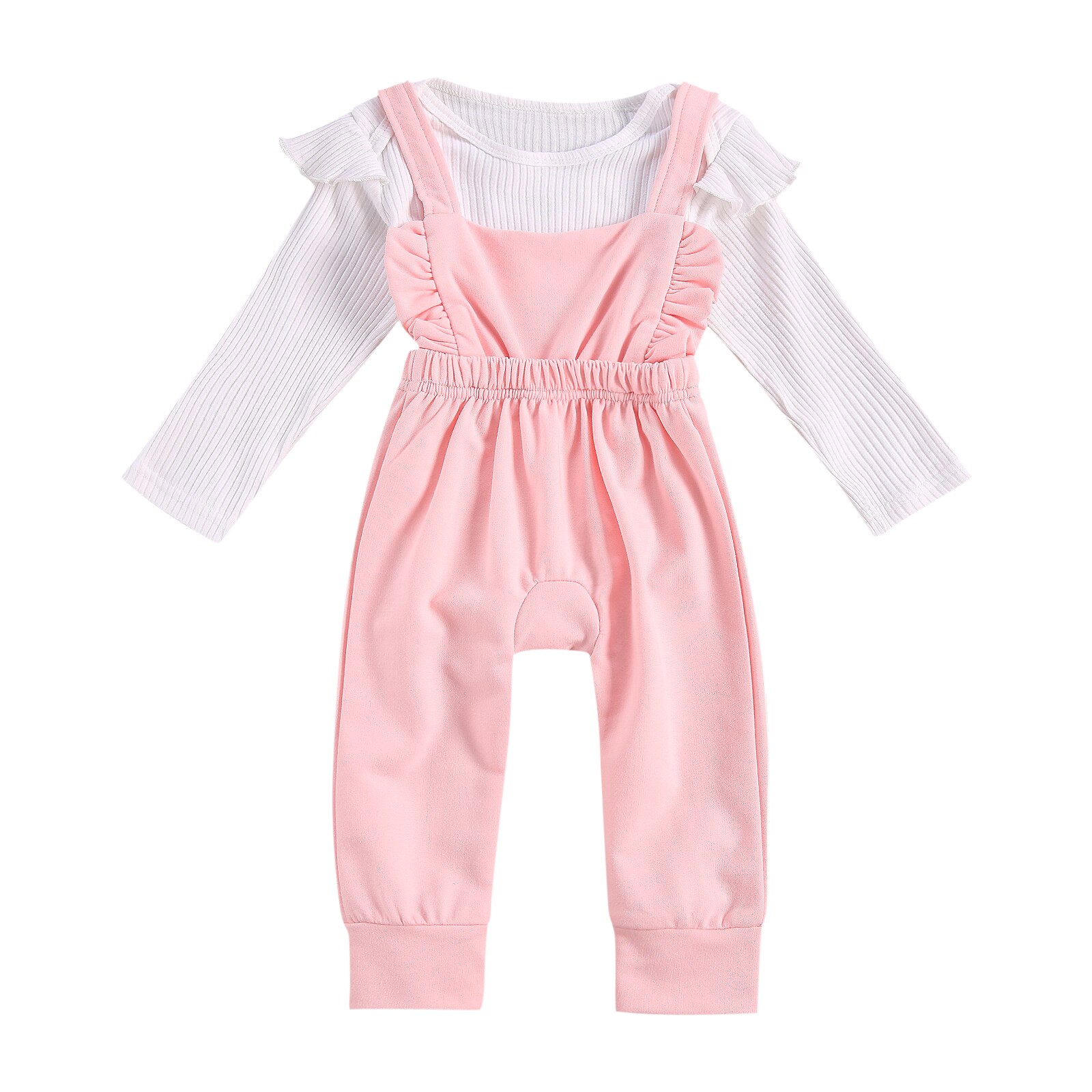 FOCUSNORM 0-24M Autumn Infant Baby Girls Boys Clothes Sets Solid Ruffles Long Sleeve Romper Tops+Bib Overalls Pants 5 Colors: Pink / 18M