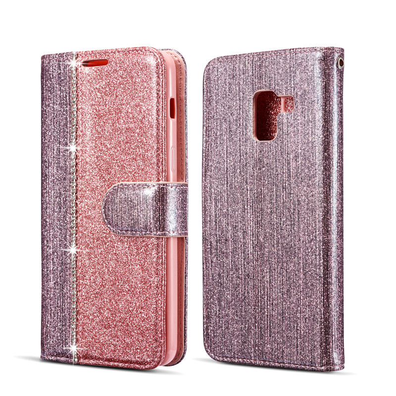 Bling Diamond Flip Case For Samsung Galaxy A8 A7 A750 A6 A3 A5 A520 A320 Leather Wallet Book Glitter Cover Case: For Samsung A8 2018 / Rose Gold