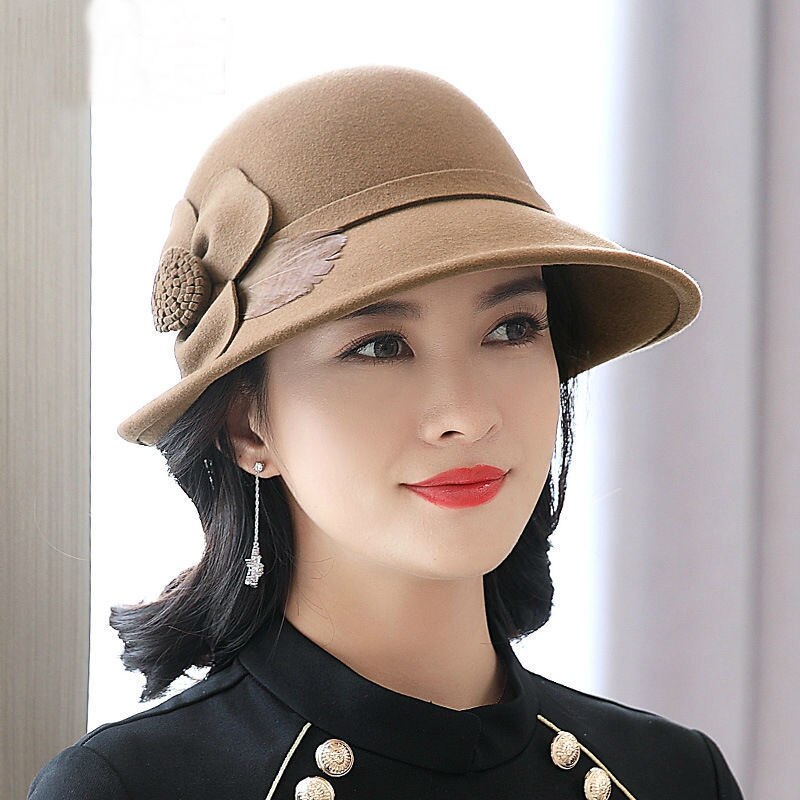 Beckyruiwu up-turn brim flower 100%  uldfilt hatte dame banket formel uld fedora hat