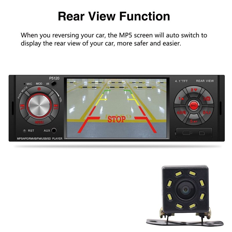 4.1Inch HD Single DIN Bluetooth Car Stereo Audio Radio FM Receiver 1080P Video Player MP3/USB/SD/TF/AUX/FM