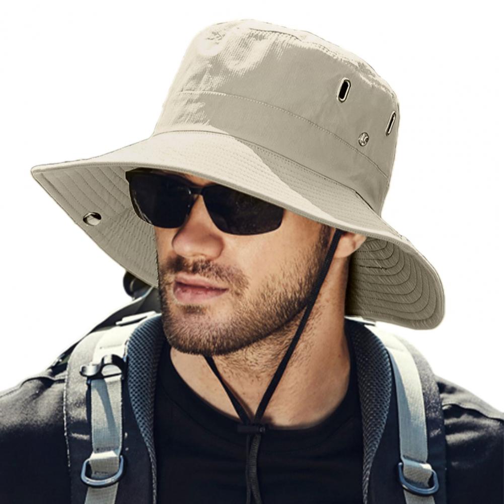 Summer Men Sun Hat Anti UV Sun Windproof Strap Wide Brim Bucket Hat Foldable Portable Travel Cap Fisherman Hat: Khaki