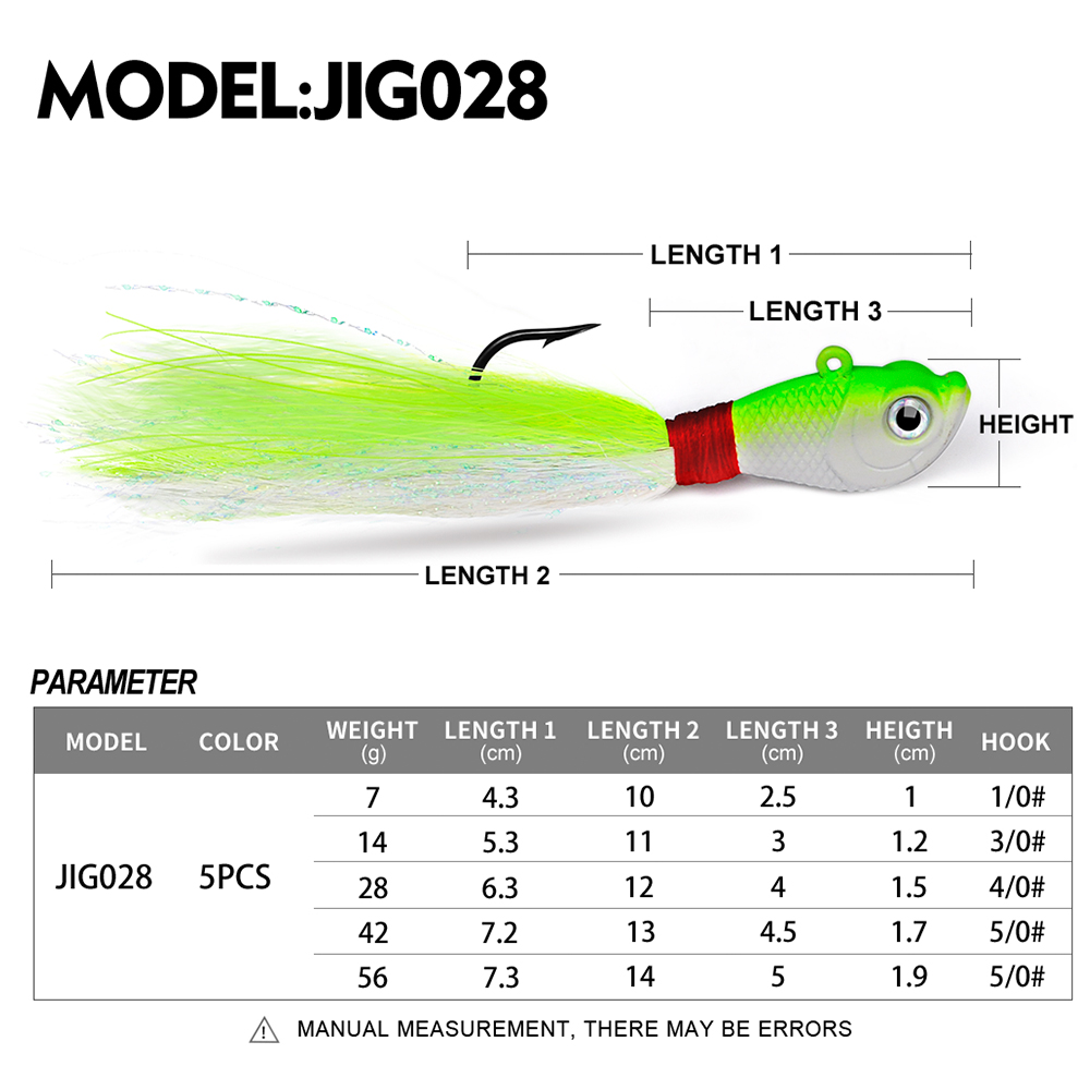 PROBEORS 1 cebo duro de Metal con plumas, 5 colores 7g 14g 28g 42g 56g anzuelos con cabeza de anzuelo para cebo blando, aparejos de pesca al aire libre