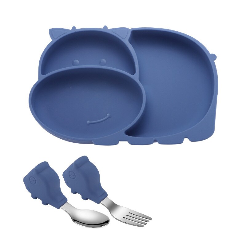 Baby's Silicone Plate Set Kids Anti Falling Antiskid Plate Children Grid Eating Training Fork Spoon Suction Plates for Babies: Navy