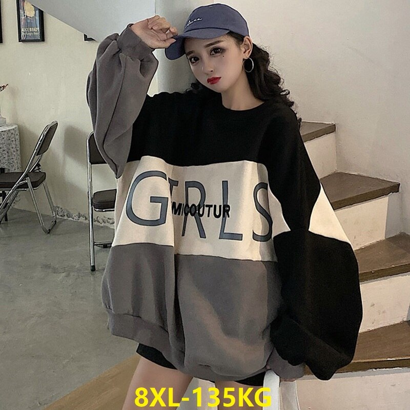 Otoño Invierno mujeres sudaderas polar hoodies patchwork carta de talla grande 6XL 8XL oversize ropa informal suelta sudaderas con capucha de Hip hop
