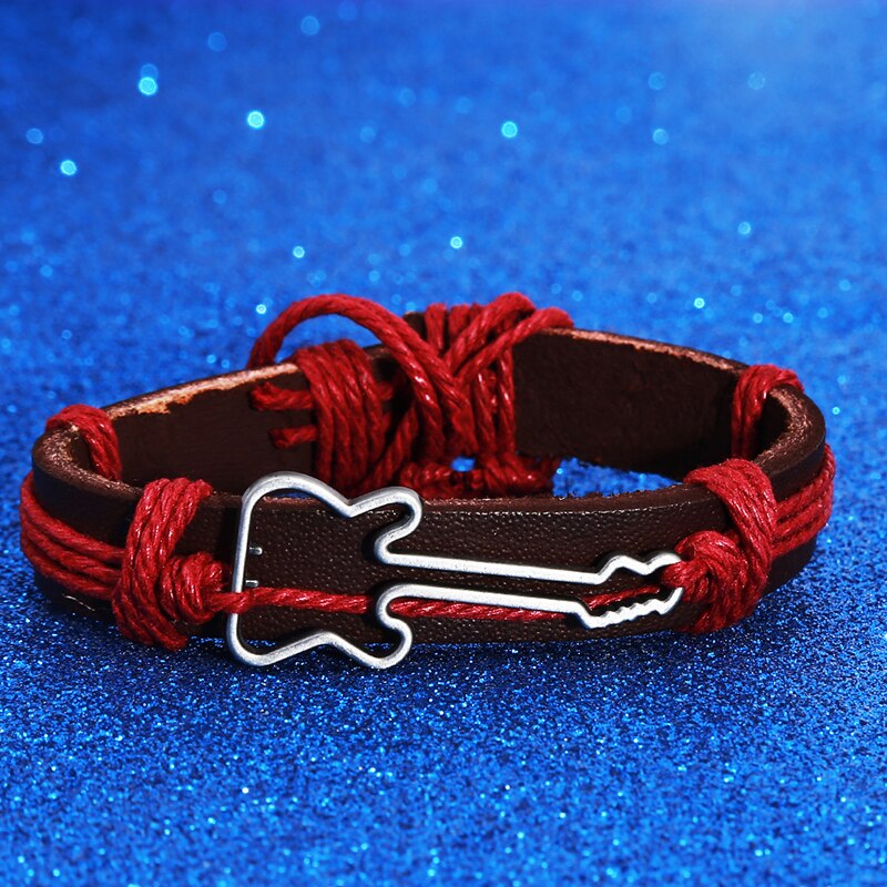 Modieuze Gitaar Vorm Charm Weave Pu Lederen Heren Armbanden Voor Vrouwen Homme Femme Mannelijke Sieraden: Red