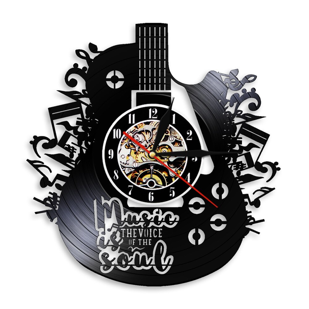 Gitar form klassisk vinyl plate vegg colock veggkunst med 7 farger led lys for hjemme stue bar kontor dekorasjon: Ingen ledet