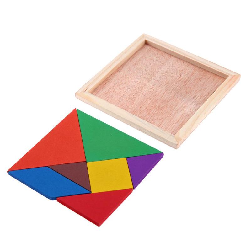 Træ tangram puslespil farverigt firkantet iq spil hjernevrider intelligent pædagogisk læringslegetøj til børn 7 stk.
