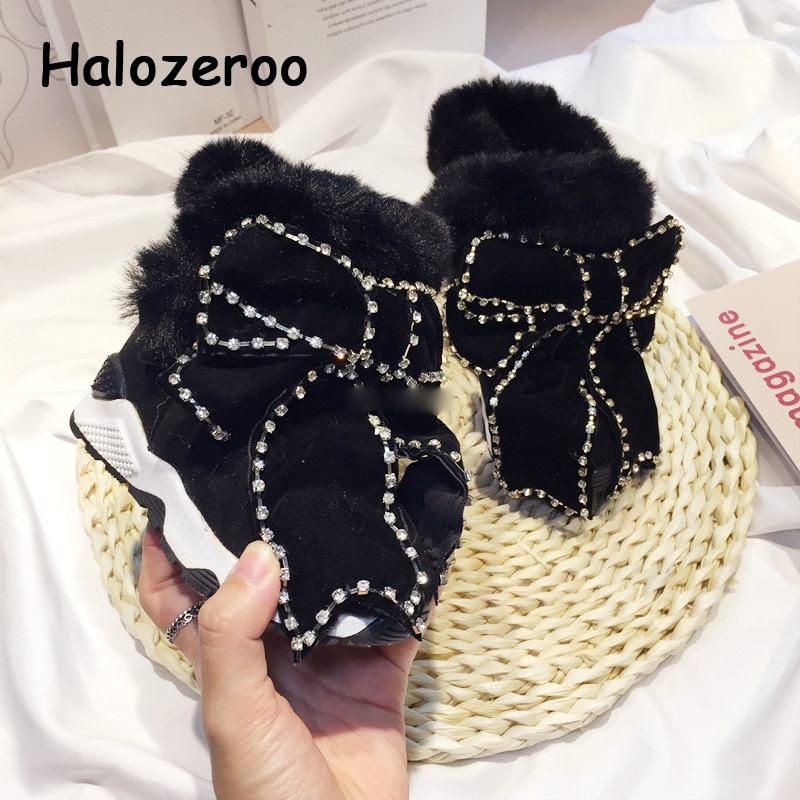 Winter Kids Boog Snowboots Baby Meisjes Strass Enkellaars Kinderen Warm Prinses Schoenen Peuter Laarzen Bont Zwarte Laarzen