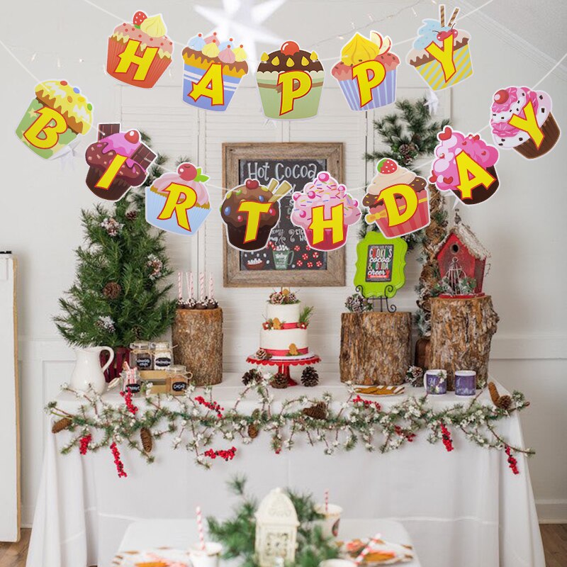 1set Happy Birthday Letter Pull Flag Wine Bottle Mermaid Baby Shower Theme Party Paperboard Banner Backdrop Decoration Supplies