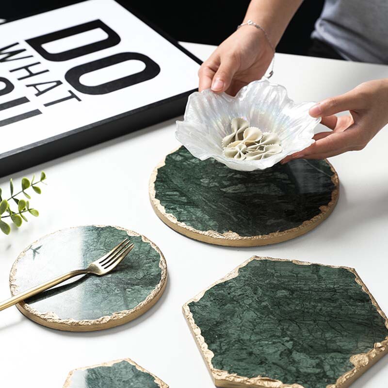 Green round natural marble painted golden table mat coasters insulation mat