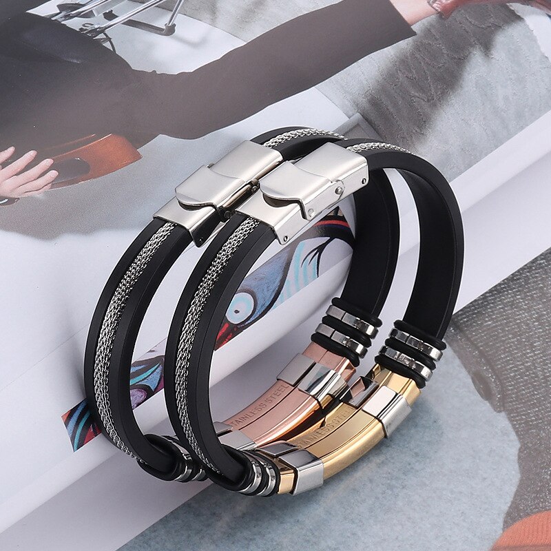 Stainless Steel Silicone Bracelet Men's Charm Metal Folding Buckle Bracelet Trend Jewelry