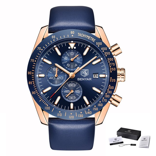 Luxe heren Horloge BENYAR Lederen Armband Sport Waterdicht Chronograaf Lederen Quartz Horloges Mannelijke Relogio Masculino: L gold blue box