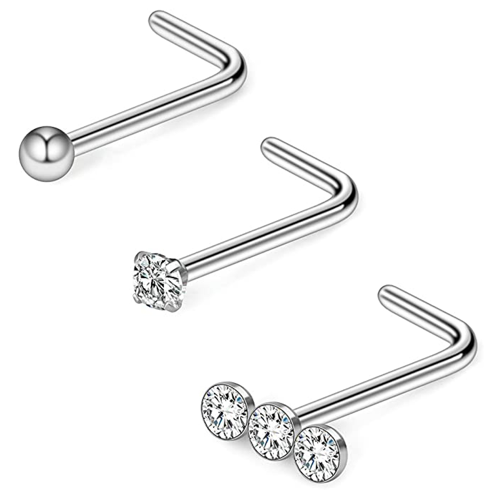 Piercing de acero quirúrgico, 3 piezas, 20G, Bola de Gema lineal Triple, Diamante redondo, CZ, para nariz, joyería en forma de L: 3PCS Set Silver