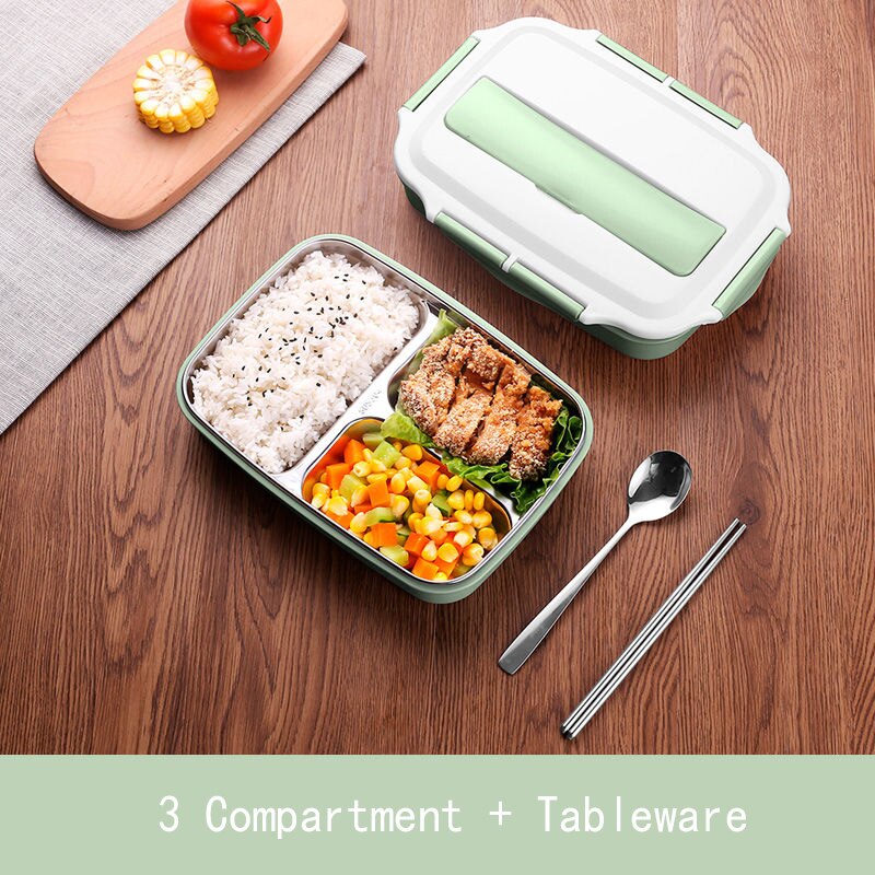 Stainless Steel Thermal Lunch Box Containers with Compartments Leakproof Bento Box Food Container Picnic Office School Lunchbox: 3 Grid Green
