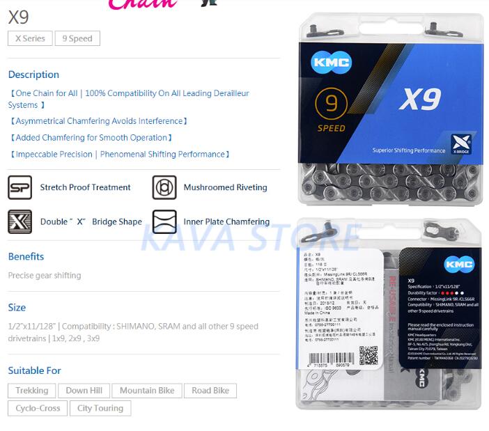 KMC X9 Z9 Bicycle Chains 9 Speed 116L Links Mountain Road Bike Chain With Chain cutter and Magic Button Cycling Parts