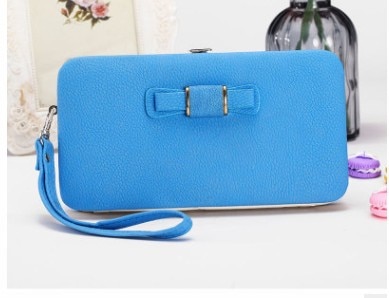 Purse bow women's wallet female famous brand card holders cellphone pocket PU leather clutch women wallet Large lychee 138Q: LightBlue138