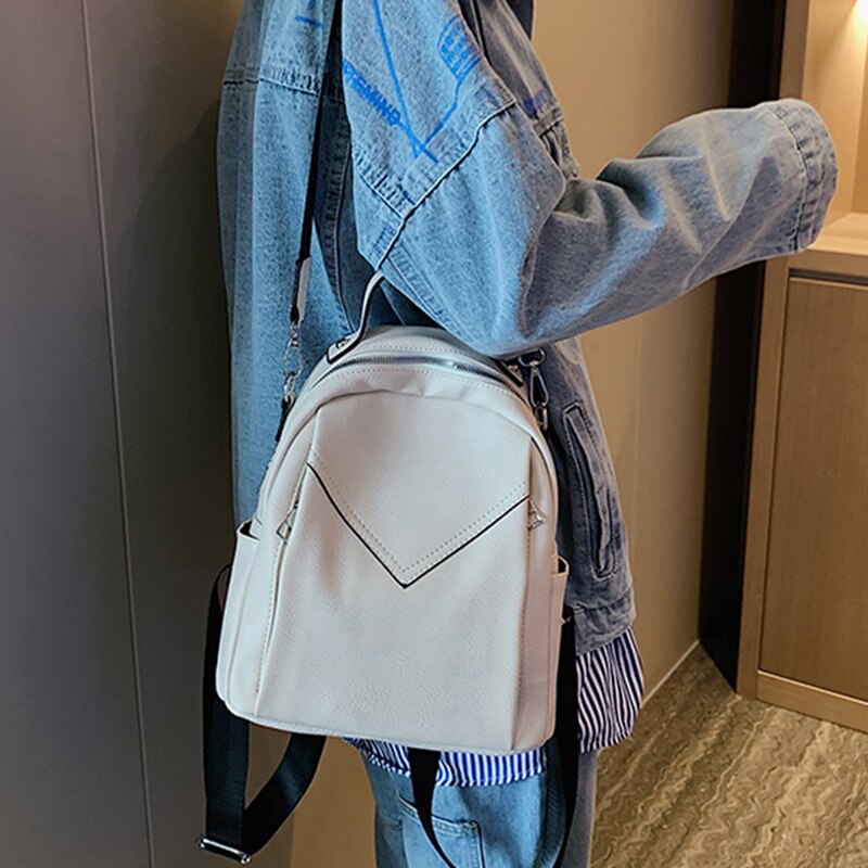 Casual dames leren rugzak, schoudertas met v-patroon, witte schoolrugzak voor tienermeisjes, reistas, mochilas