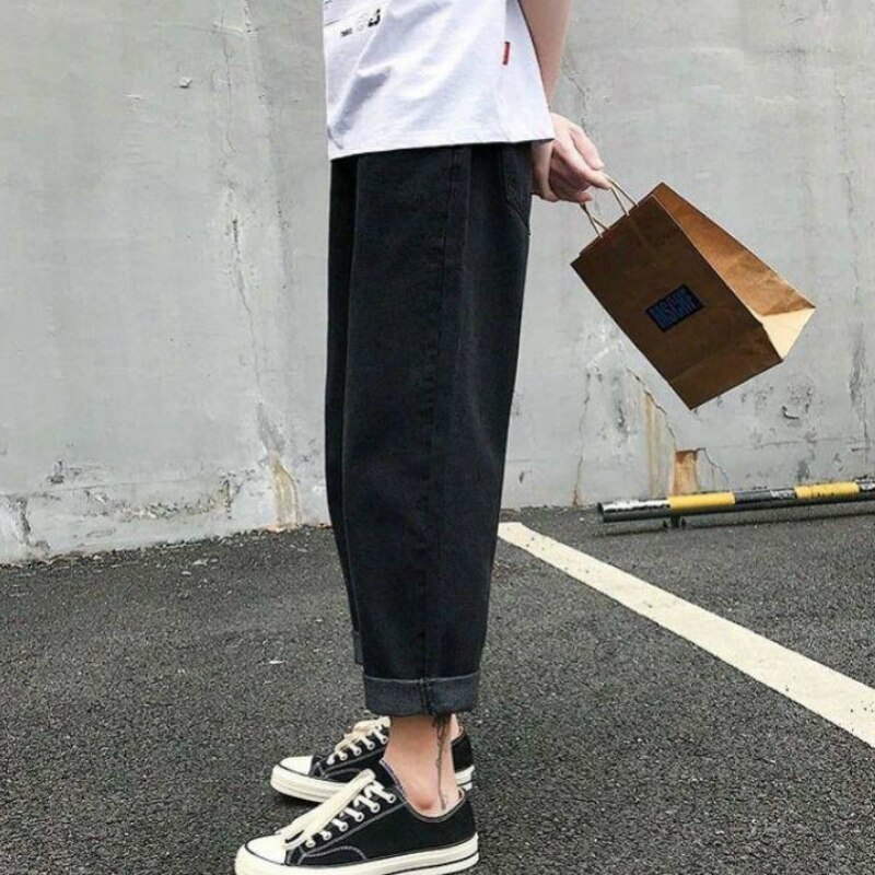 Svarta jeans herr solid ankellång dragsko tvättad casual plus size 3xl lös herr enkel harajuku daglig streetwear denim chic