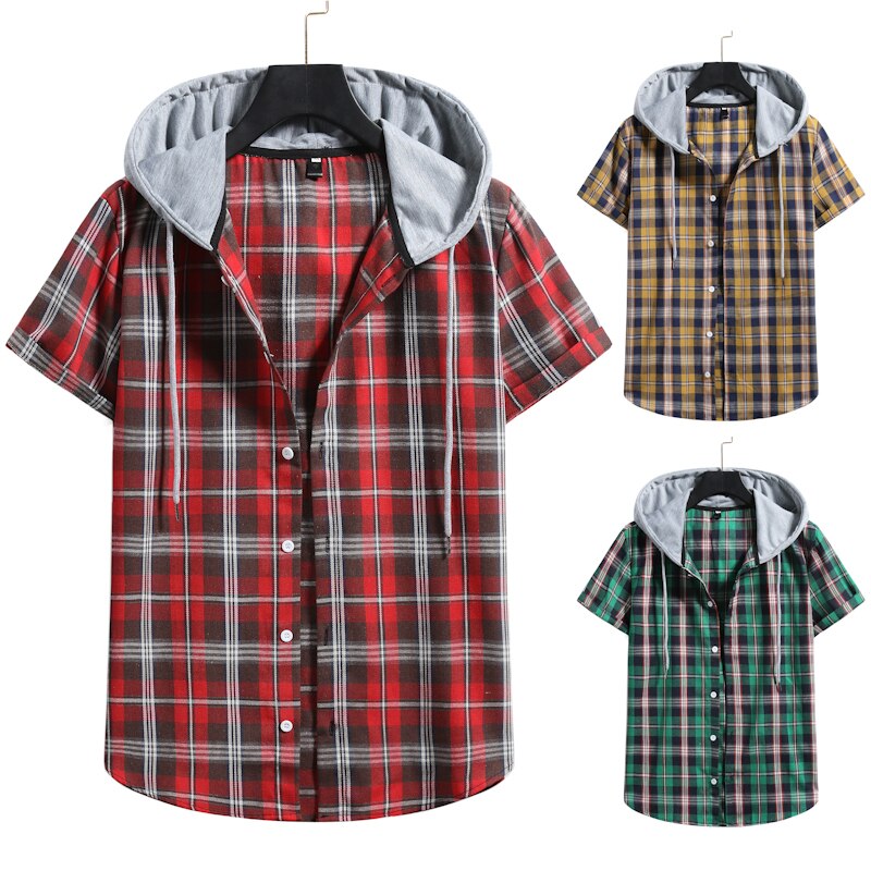 Hooded Checked Short-sleeved Shirts for Men and Women