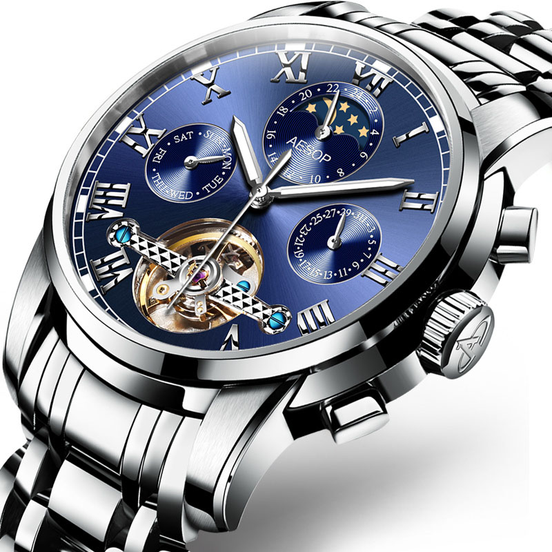 Aesop Automatische Mechanische Horloge Mannen Luxe Heren Horloges Polshorloge Waterdichte Skeleton Mannelijke Klok Mannen Relogio Masculino: Blue silver B