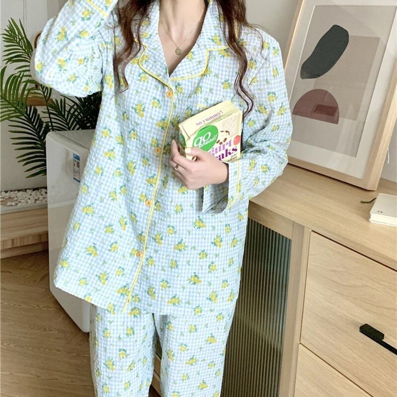 Pijama de algodón para mujer, ropa de dormir con estampado Floral coreana, conjunto de 2 piezas, para el hogar, Primavera: Blue