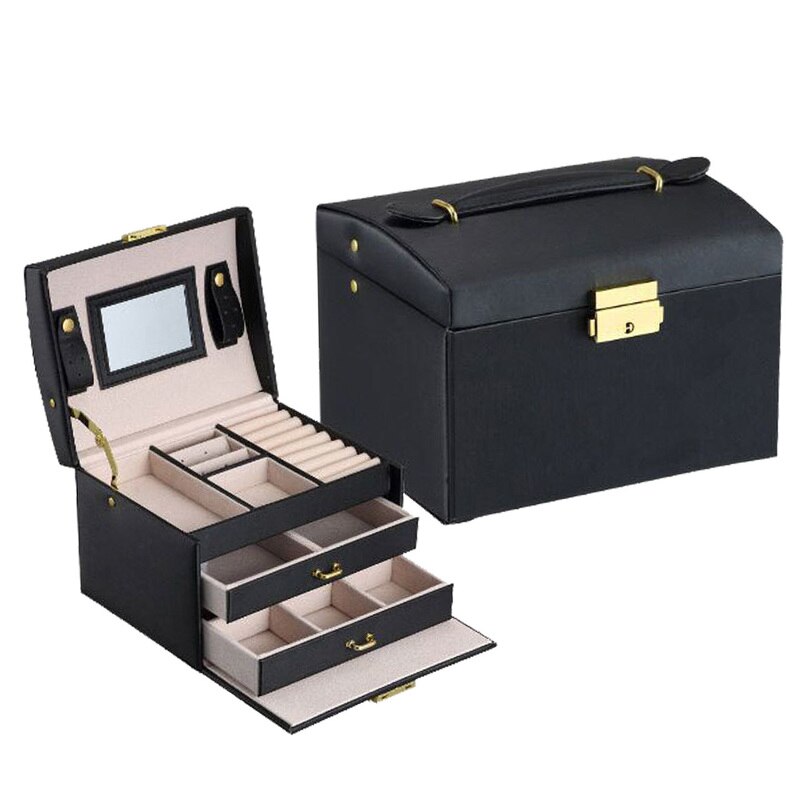 Pu Leather Jewelry Box Trendy Luxury Three-Layer Double Drawer Jewelry Box Stud Earrings Rings Jewelry Box