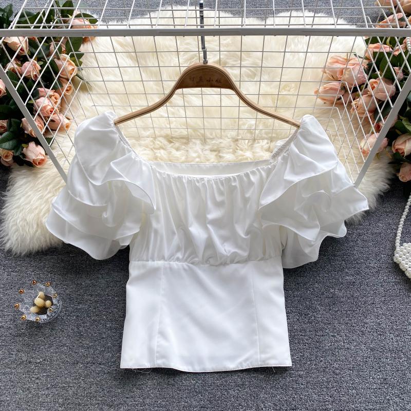 Korea süße sanfte Blusas Sommer neue Rüschen Hemden hohe Taille kurzes Hemd Femme Vierkant ausschnitt Puff ärmel Blusen: S / Weiß