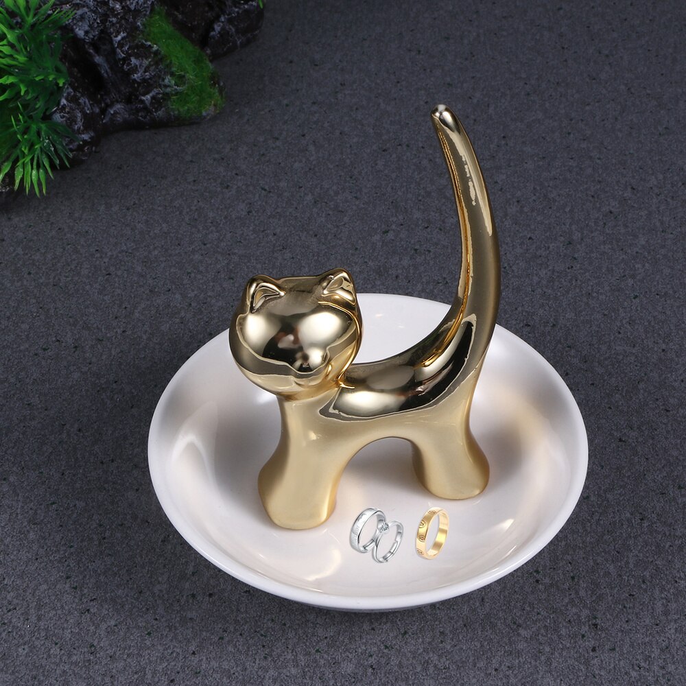 Plato de cerámica con forma de gato dorado para almacenamiento de joyas, bandeja decorativa para anillos, adorno de escritorio para pulsera, pendientes, collar