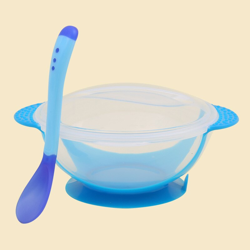 Baby Learning Dishes With Suction Cup Kids Safety Dinnerware Set Assist Bowl Temperature Sensing Spoon Fork Tableware: blue- lid - spoon