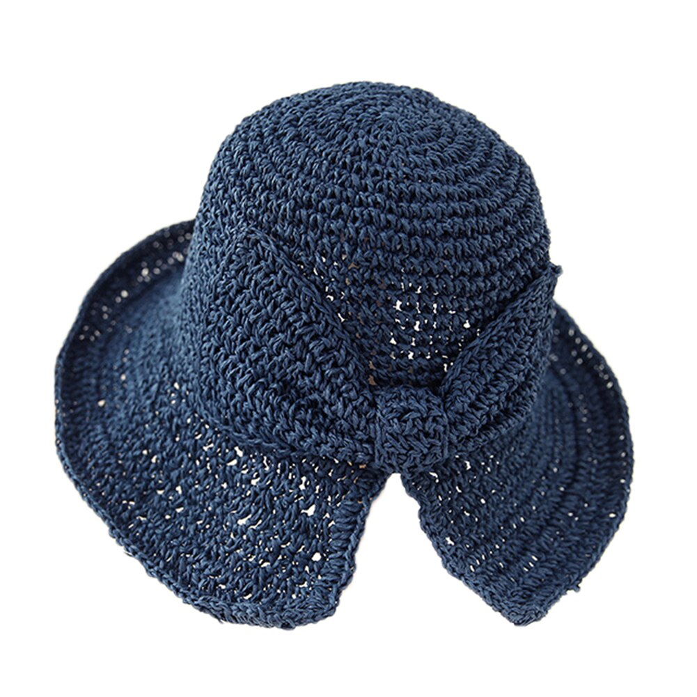 Women Lady Straw Foldable Bucket Hat Bowknot Wide Brim Cap Breathable for Outdoor Fishing Beach Sun Fisherman Hats Summer: navy blue