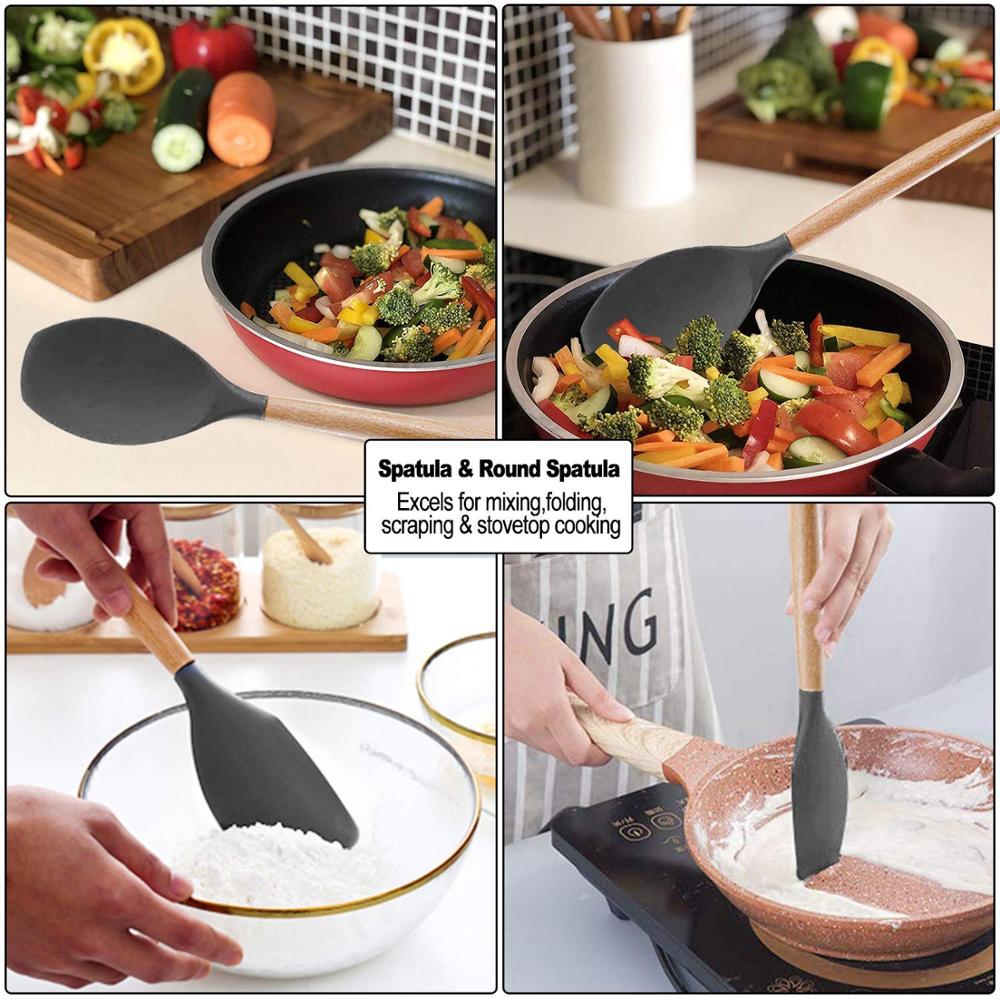 12 Pçs Siliconen Utensílio De Cozinha Conjunto Bpa Livre Não Tóxico Utensílios De Cozinha Alça De Madeira Com Caixa De armazename